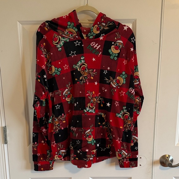 No Boundaries Plush Christmas Pullover Festive Red Reindeer Hoodie - Picture 3 of 9